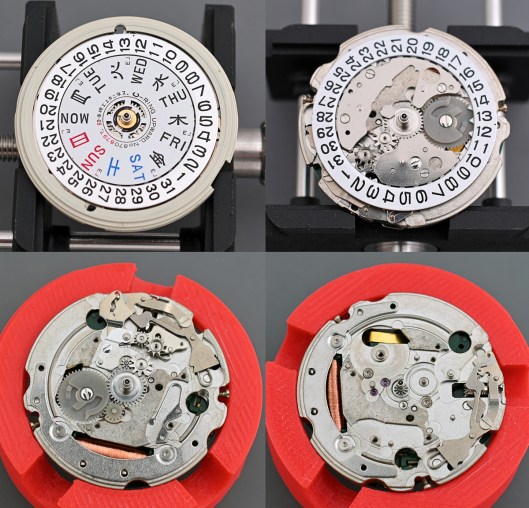 A 2 by 2 gallery of photos showing the dismantlng of the calendar side of the movement