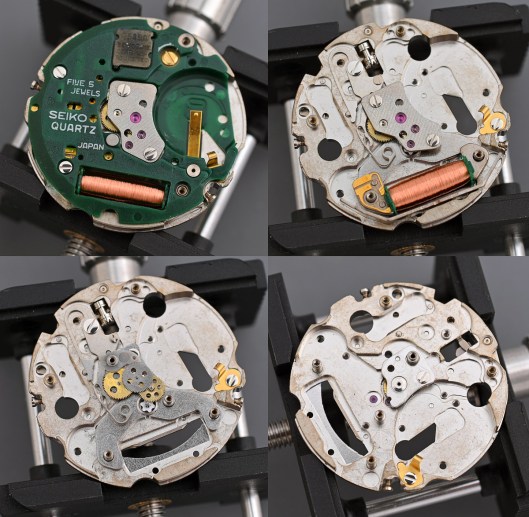 a 2 by 2 gallery of shots showing the dismantling of the train side of the movement